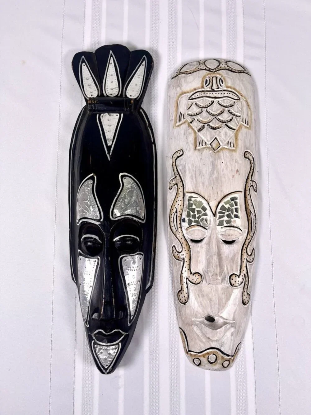 VTG Hand Carved Wooden Tribal Wall Masks Set of 2 Boho Coastal White, Black Folk